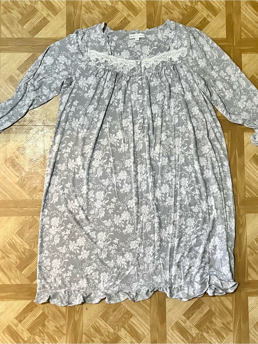 Eileen West Gray and White Floral Nightgown with Lace Trim